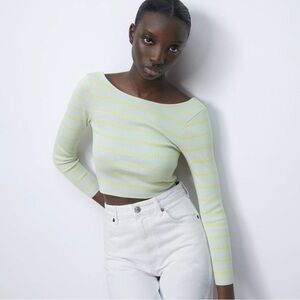 Zara Mint Green/ Yellow Striped Knit Long Sleeve Crop Top Size small NWT